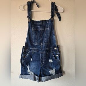 KanCan Womans Denim Overalls with Distressed Details MED